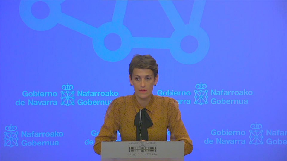 María Chivite, durante la videoconferencia con Pedro Sánchez y el resto de presidentes