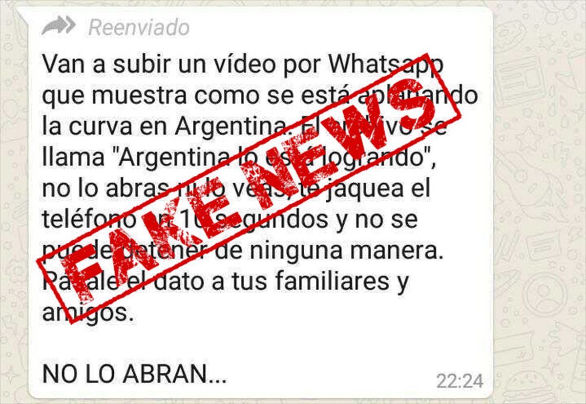 Imagen del falso mensaje de WhatsApp sobre el supuesto vídeo "Argentina lo está logrando"