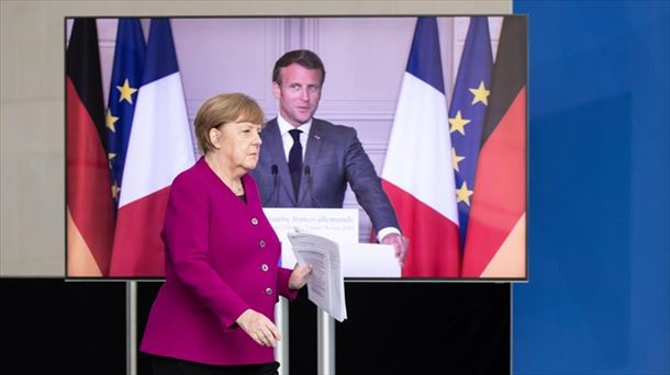 Angela Merkel eta Emmanuel Macronen prentsaurrekoa bideokonferentzia baten ostean