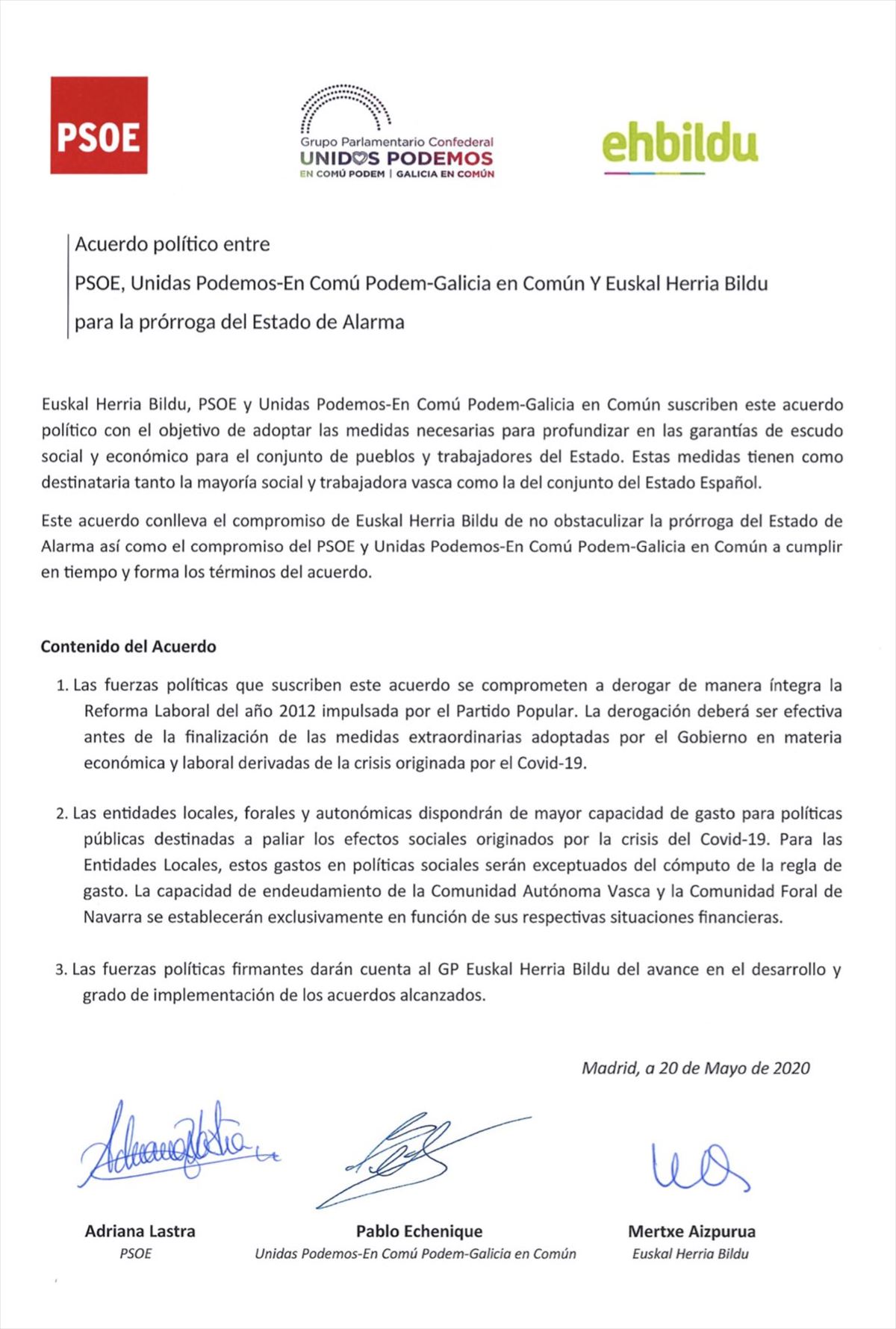 acuerdo EH Bildu, PSOE, Unidas Podemos