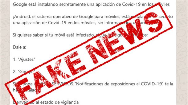 Mensaje que circula por WhatsApp sobre una supuesta aplicación que Google instala en los móviles.