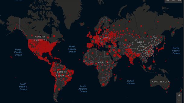 Koronabirusaren agerraldiak. Irudia: Johns Hopkins Unibertsitatea.