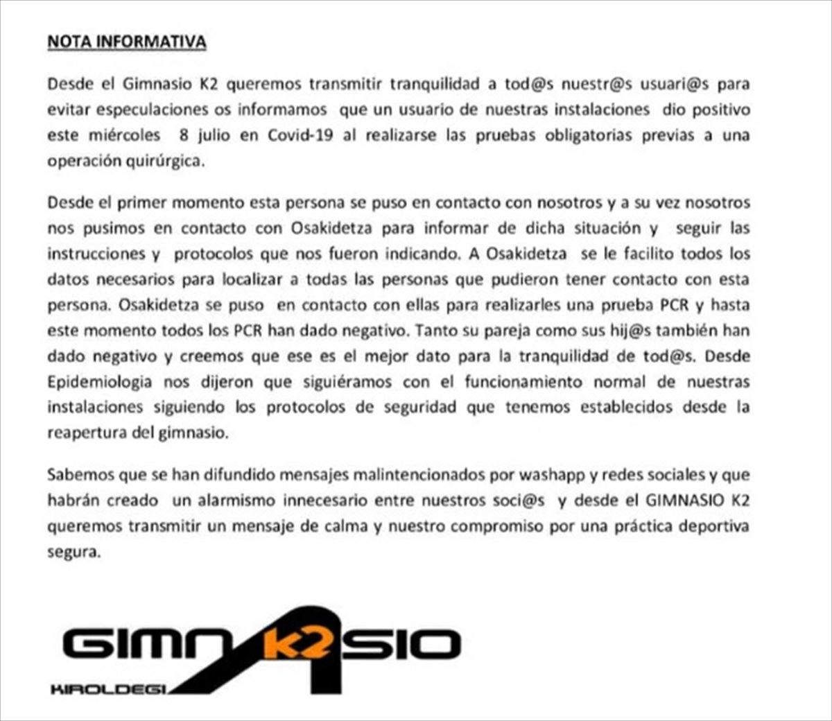 Este es el comunicado difundido por el Gimnasio K2, de Vitoria-Gasteiz