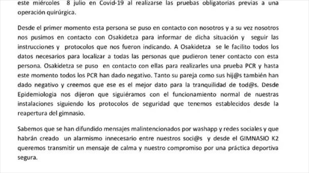 Este es el comunicado difundido por el Gimnasio K2, de Vitoria-Gasteiz