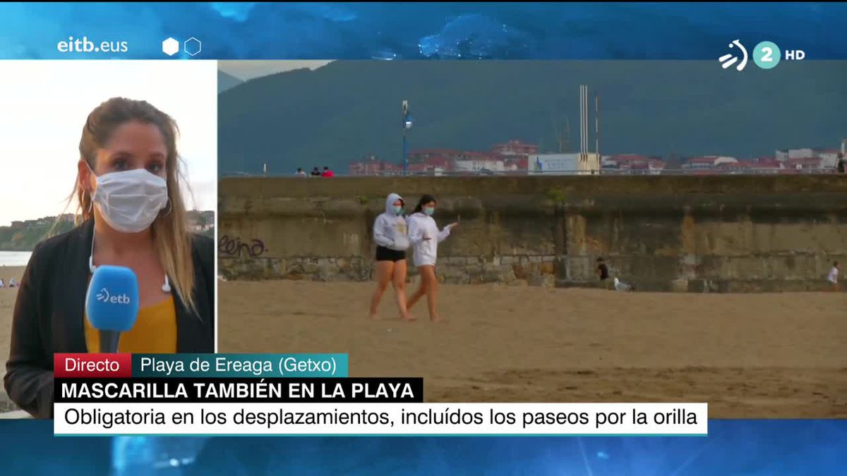 Las mascarillas en las playas no han calado demasiado. Imagen tomada de un video de EiTB.