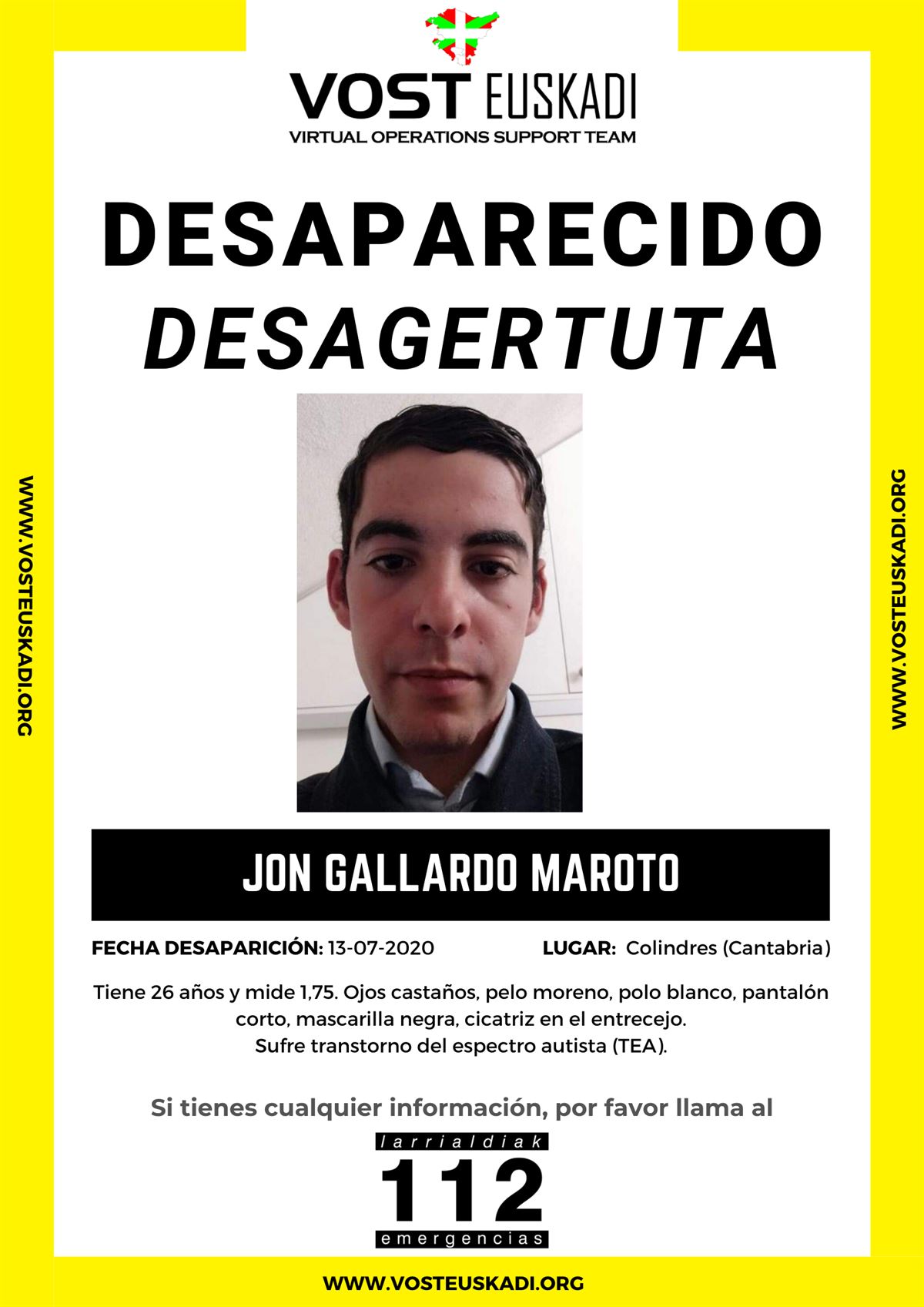 Jon Gallardo Maroto du izena desagertutako gazte eibartarrak.