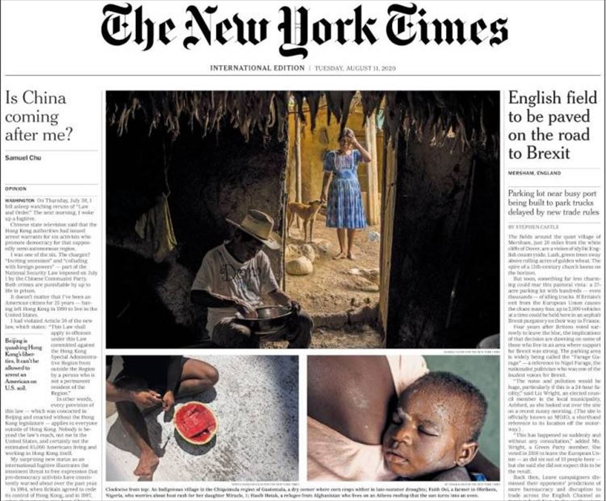 'The New York Times' egunkariaren paperezko edizioaren azala.