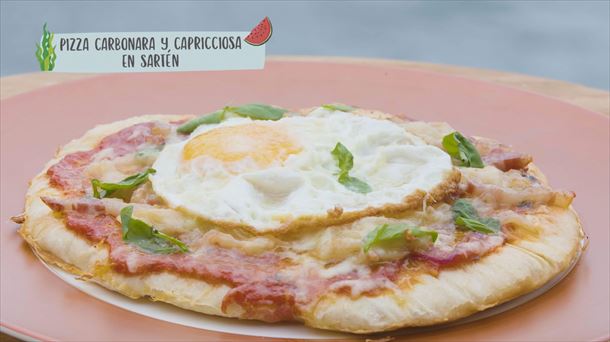 Pizza Carbonara y Capricciosa en sartén