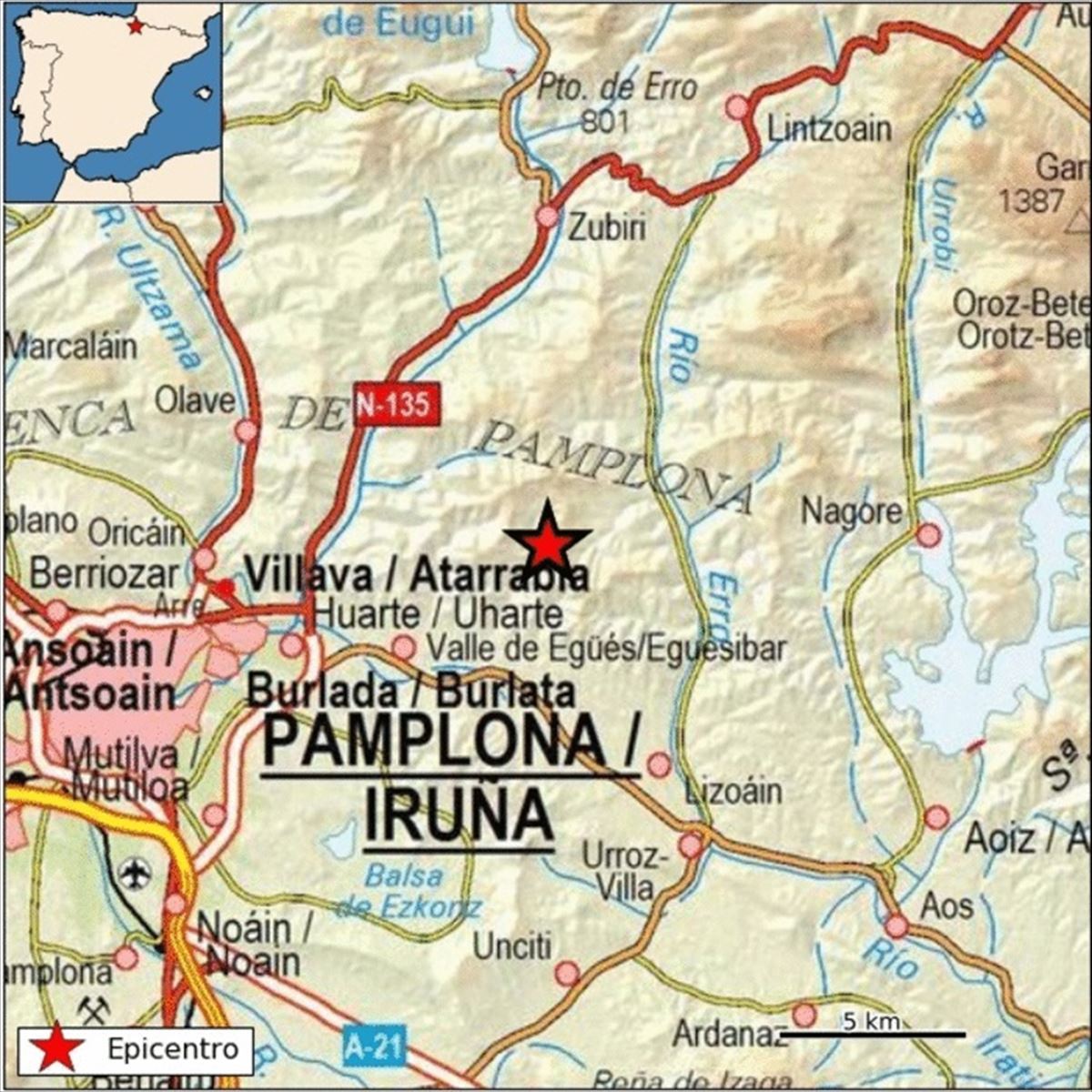 Mapa del temblor registrado en el valle de Egüés