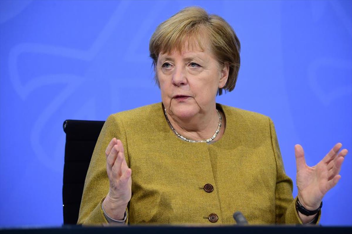 Angela Merkel Alemaniako kantzillerra, bilera telematikoaren osteko prentsaurrekoan