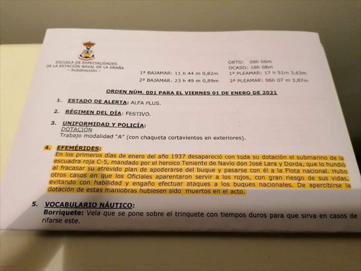 Documento del centro militar difundido por el diputado de BNG Néstor Rego.