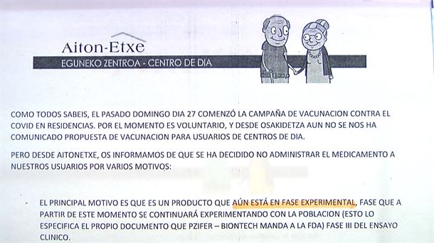 Carta de la residencia Aiton-Etxea de Oiartzun. Imagen obtenida de un vídeo de ETB.