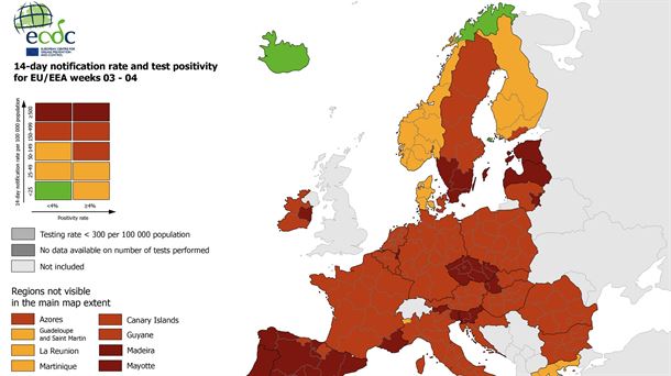 Mapa de incidencia del coronavirus en la Unión Europea, el 4 de febrero de 2021