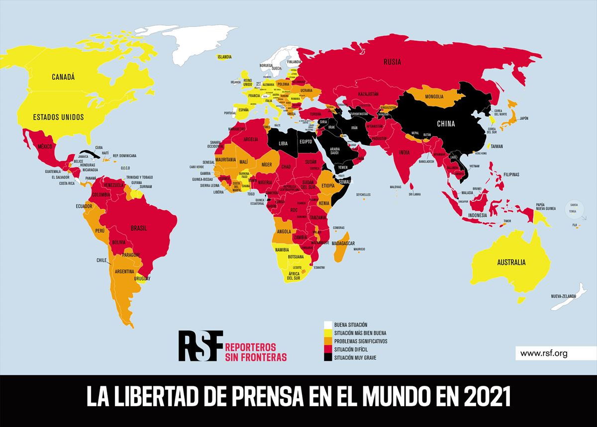 Mapa de la situación del periodismo en 2021, elaborado por Reporteros Sin Fronteras.