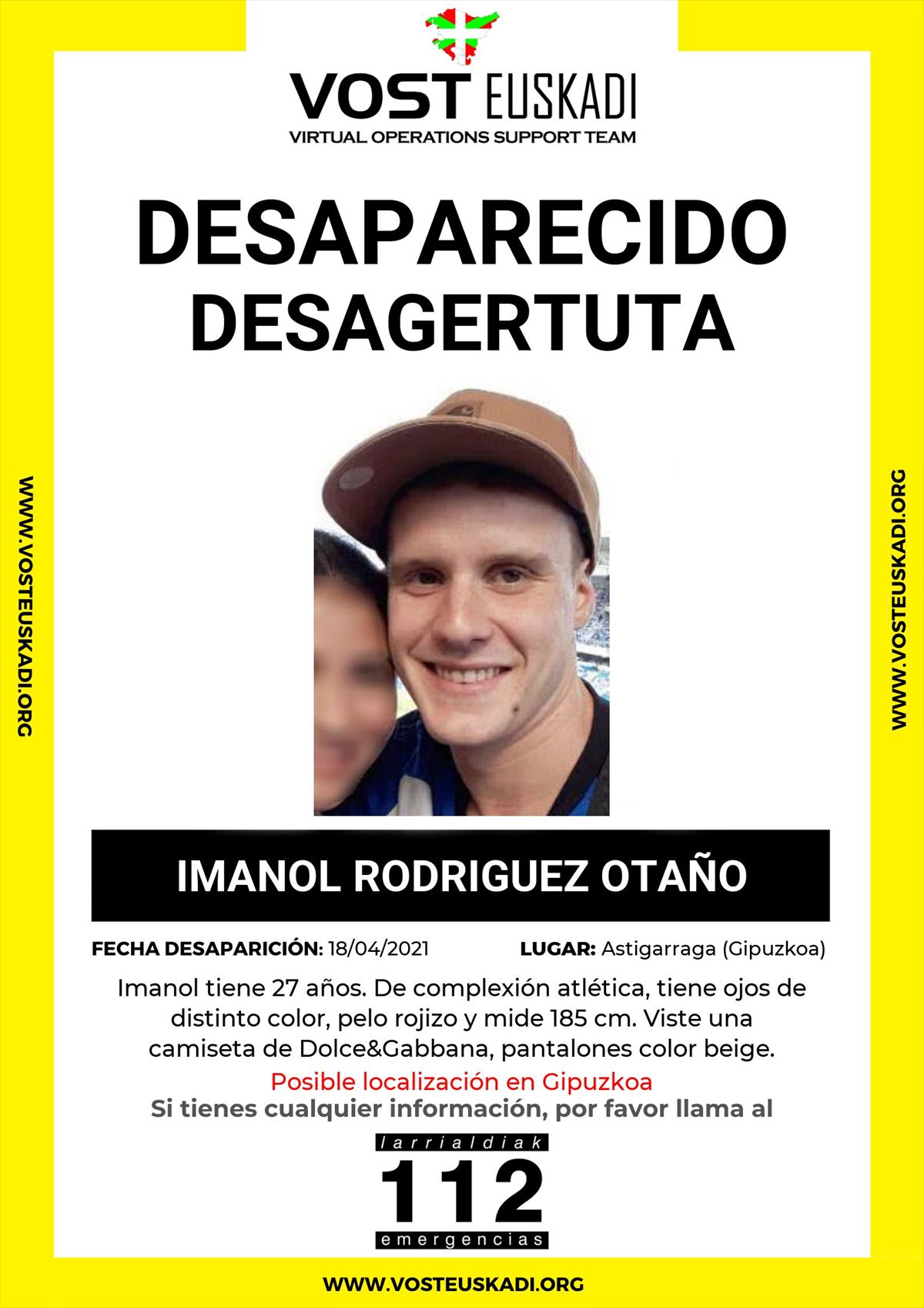 Imagen difundida del joven desaparecido en Astigarraga
