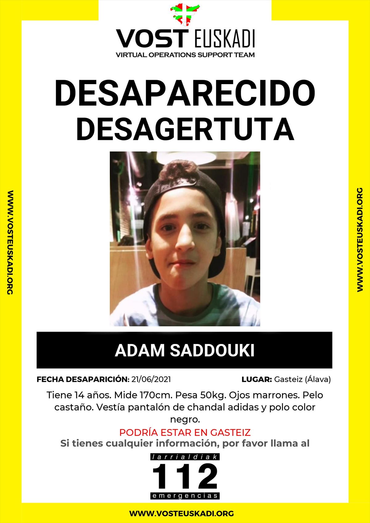 Adam Saddouki desapareció el 21 de junio.