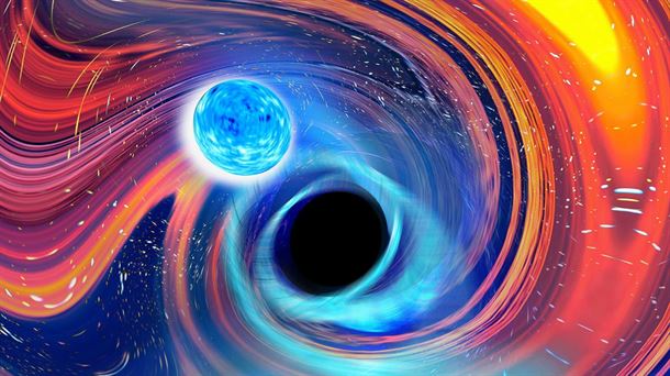 Representación de un agujero negro devorando una estrella de neutrones - CARL KNOX, 
