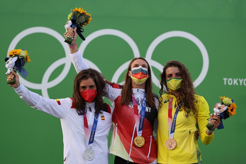 Podiuma: Maialen Chourraut (2), Ricarda Funk (1) eta Jessica Fox (3). Argazkia: EFE