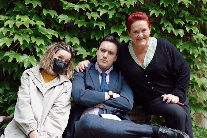 "Go!azen 8.0" telesailaren grabaketa: Amaia (Itziar Urretabizkaia), Markel (Asier Burguete) eta Bego (Karmele Larrinaga)