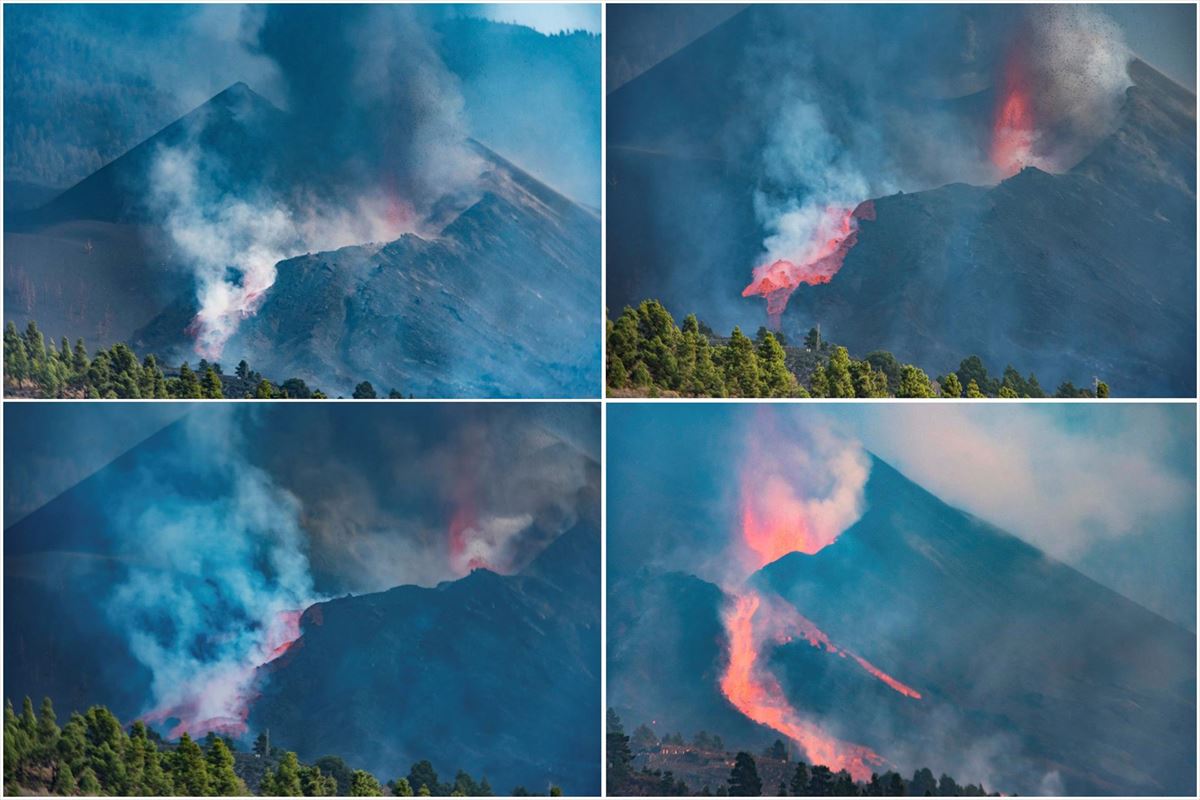 Secuencia de fotografías del derrumbe del flanco norte del volcán de Cumbre Vieja. 