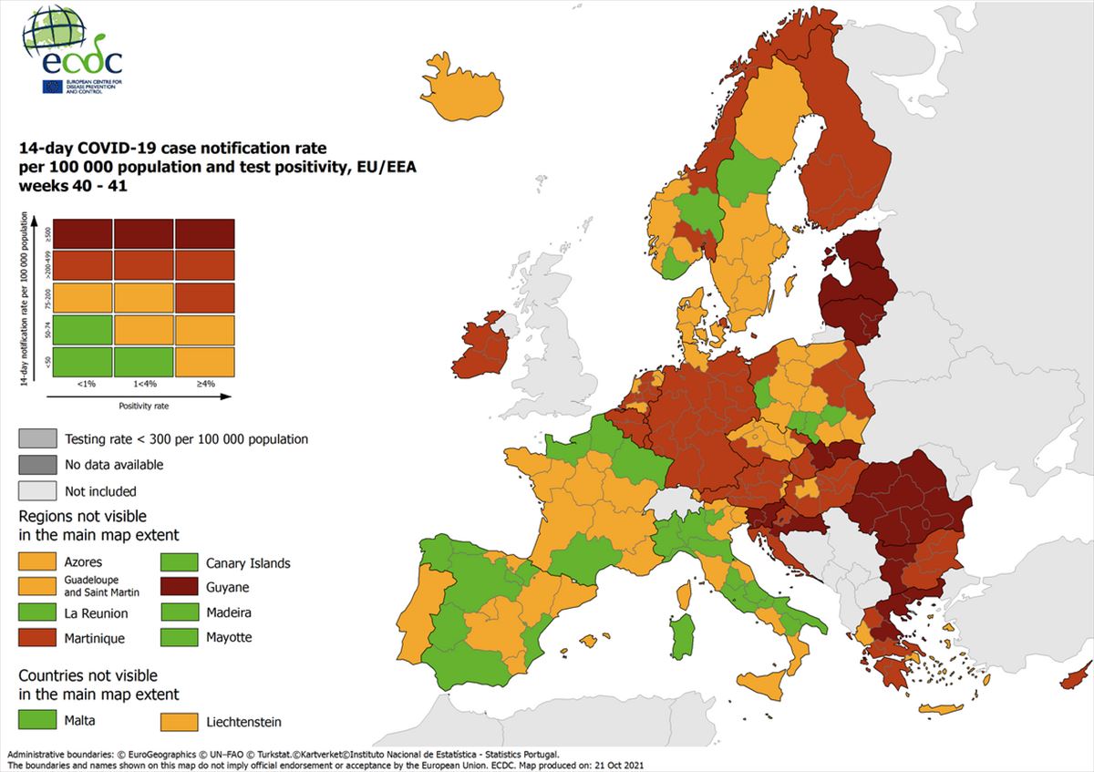 Mapa del Centro para la Prevención y Control de las Enfermedades de Europa con datos del 21 de octubre.