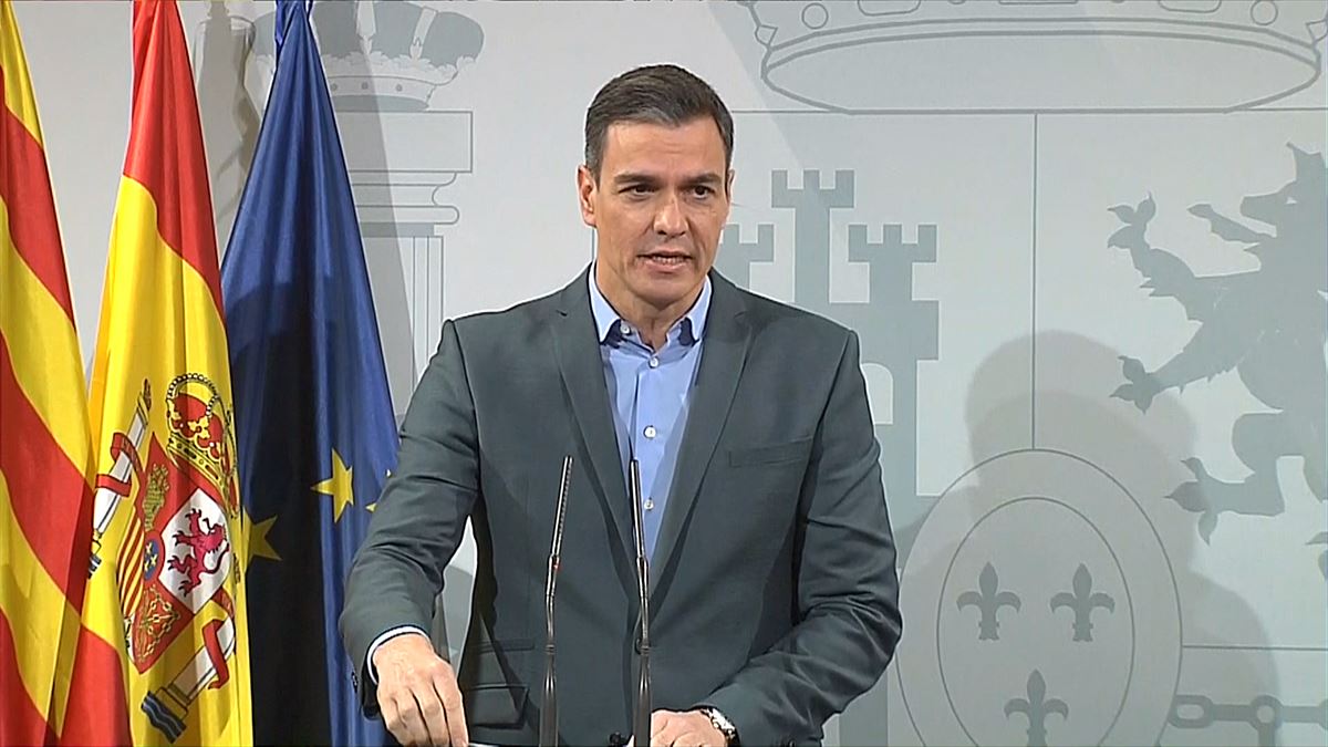 Pedro Sanchez Espainiako Gobernuko presidentea, igande honetako agerraldian. Argazkia: EITB Media