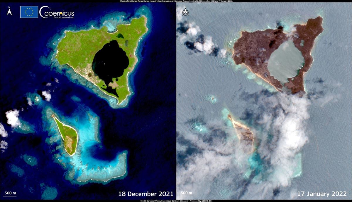La isla de Nomuka (Tonga) antes y después de la erupción y posterior tsunami. Foto: EFE
