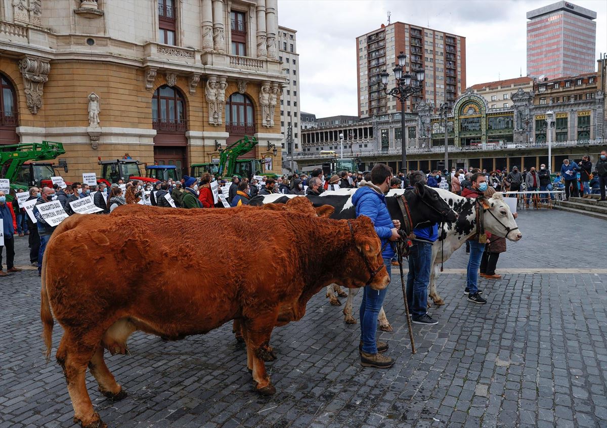 Protesta de ganaderos y agricultores en la plaza Arriaga de Bilbao. Foto: EFE
