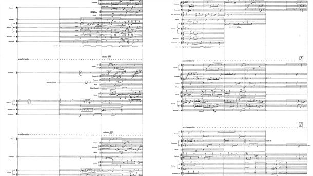 Partitura para tres orquestas creada por Stockhausen