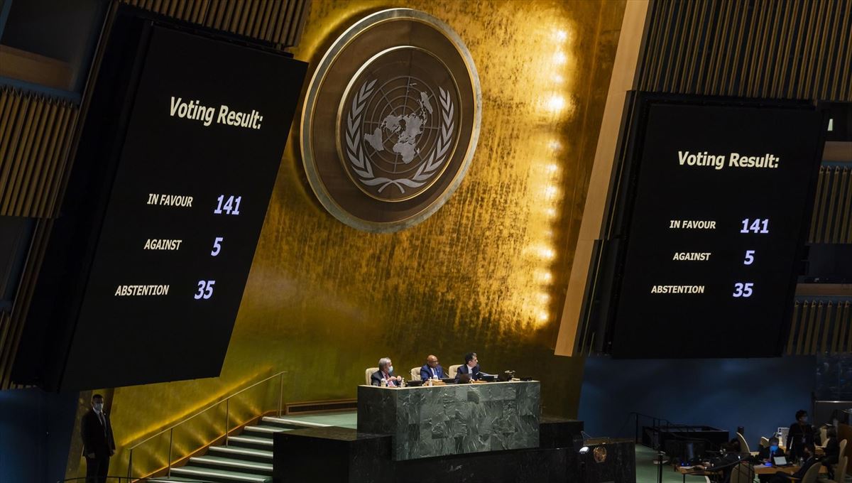 Resultado de la votación en la Asamblea General de la ONU. Foto: EFE