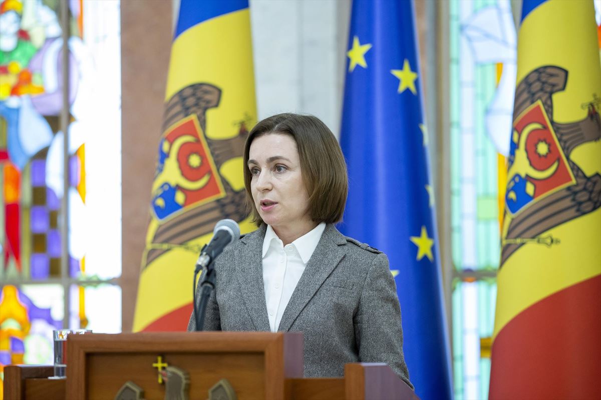 Rueda de prensa de la presidenta de Moldavia, Maia Sandu, el martes. Foto: EFE