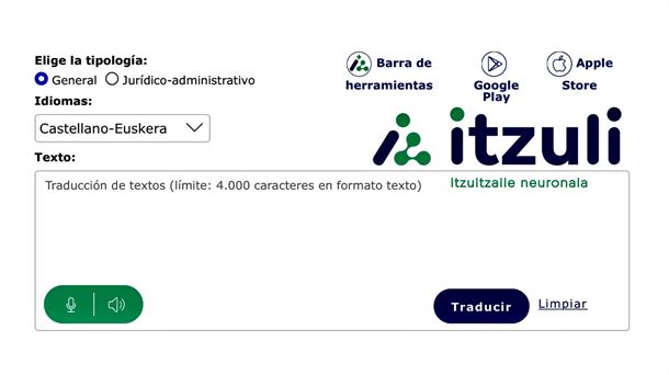 Captura de la página de inicio de 'Itzuli', el traductor neuronal desarrollado por el Gobierno Vasco