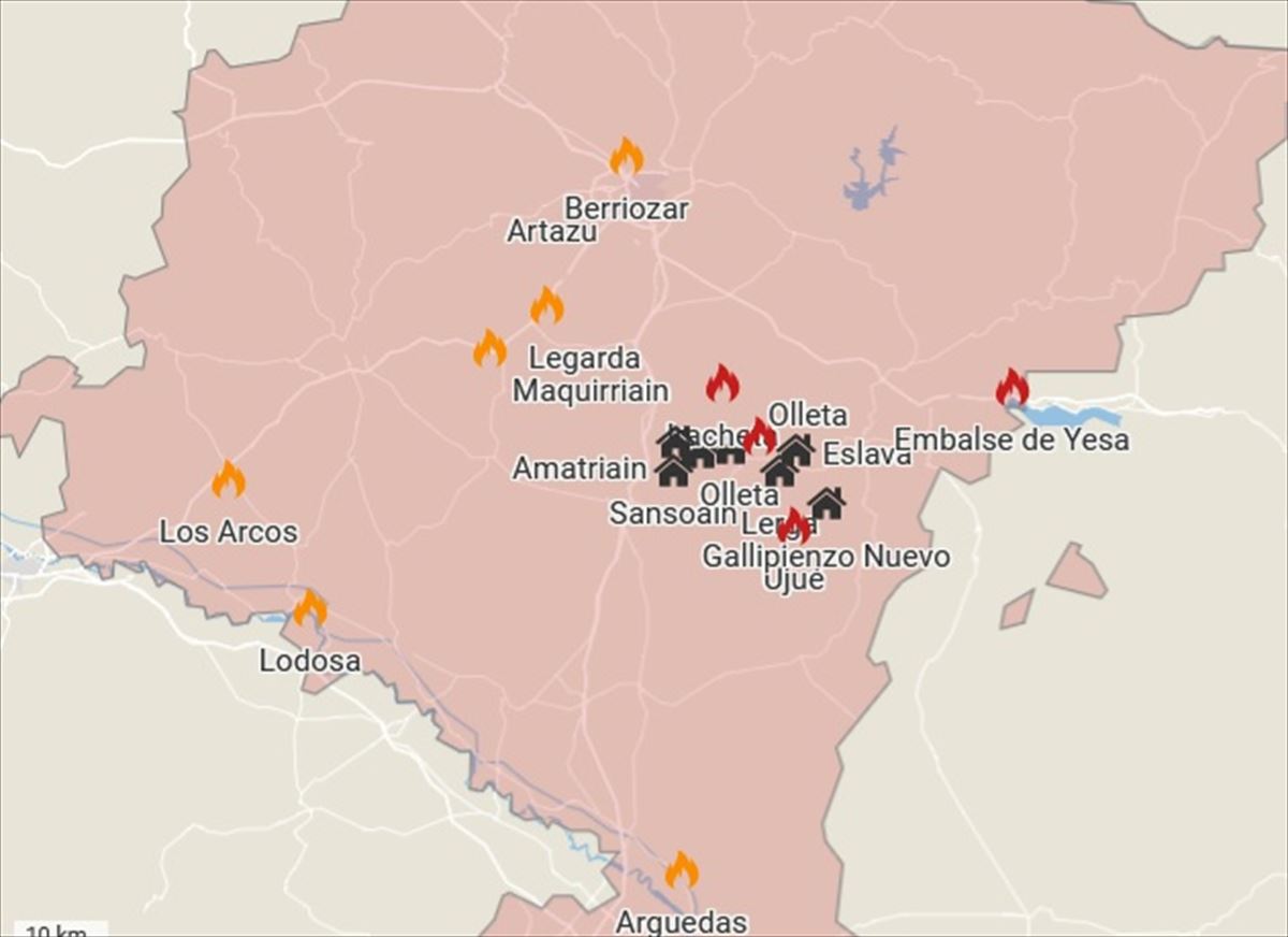 Mapa de los incendios de Navarra.