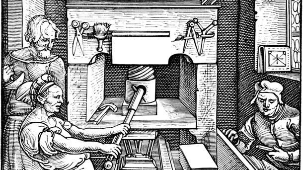 Zurezko lehenengo inprenta, 1520. Irudia: Wikipedia.
