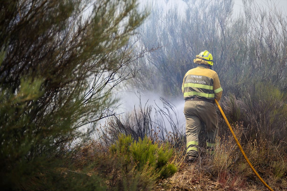 Bombero trabaja en las labores de extinción del incendio forestal en Figueruela de Arriba (Zamora).