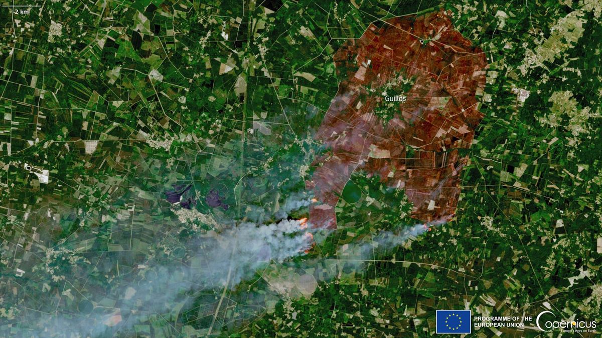 Incendio en la zona de Landiras, en una imagen del satélite Copernicus del 17 de julio. EFE