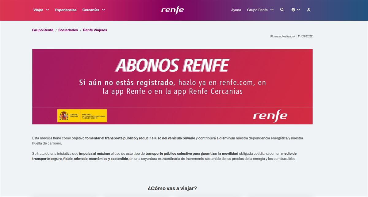 Página web de Renfe, donde hay que registrare para adquirir los abonos gratuitos.