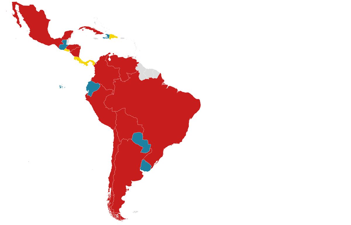 Latinoamerikako gobernuen koloreen mapa.