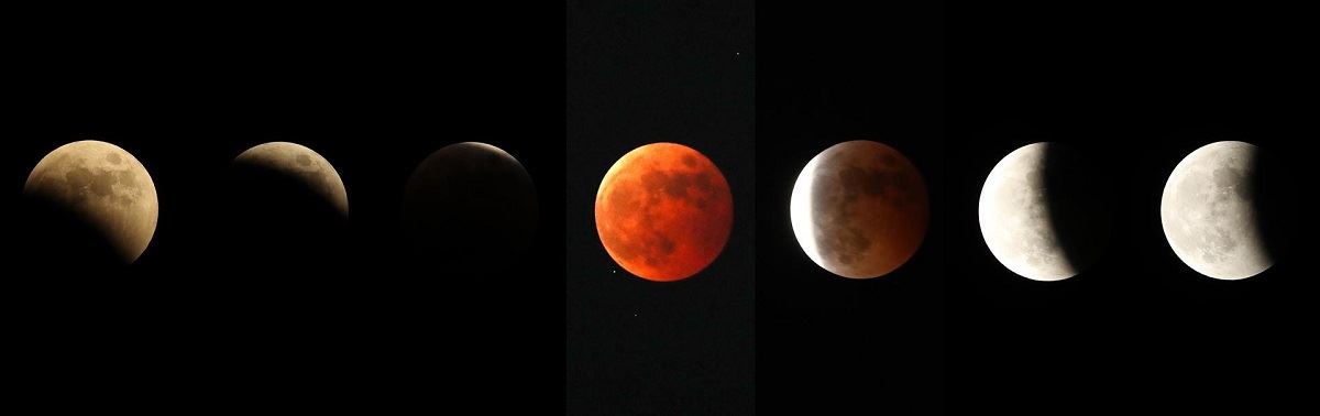Fases del eclipse de Luna, visto desde Corea del Sur. Foto: EFE