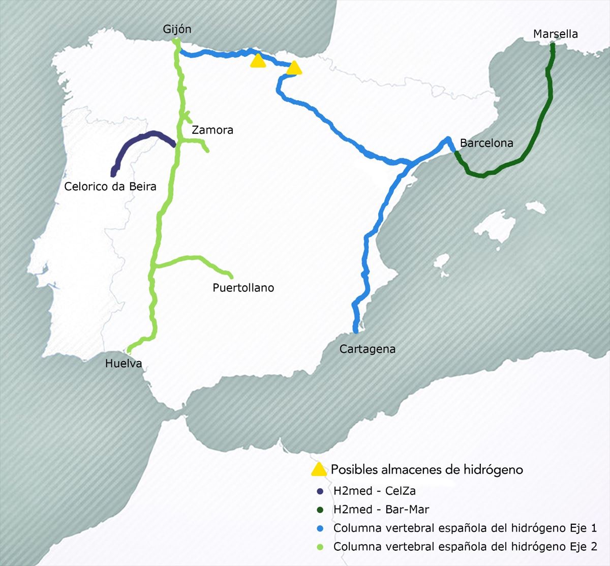 Hdrogenoaren mapa Iberiar Penintsulan. 