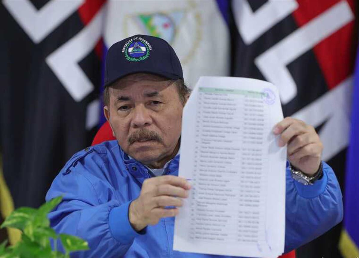 Daniel Ortega preso politikoen zerrenda erakusten. Argazkia: Efe