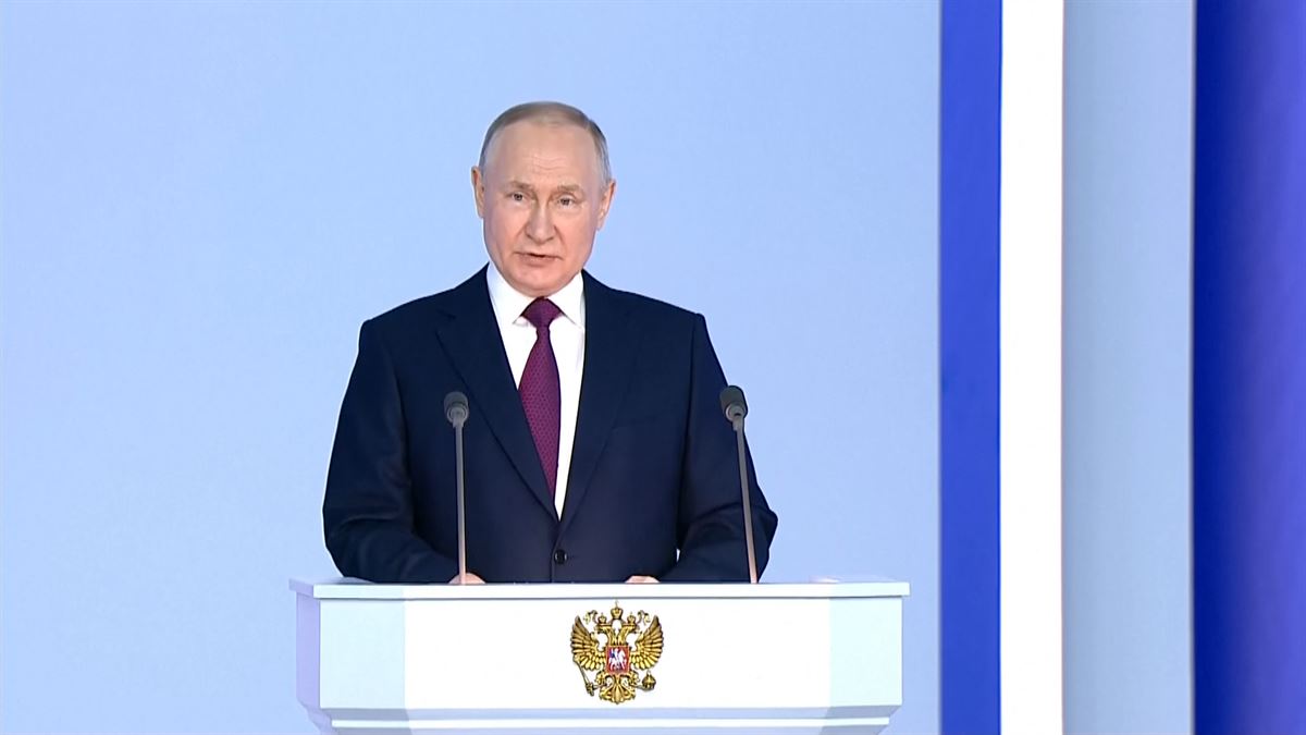 El presidente ruso, Vladímir Putin, en su discurso sobre el estado de la nación. Imagen de EITB.