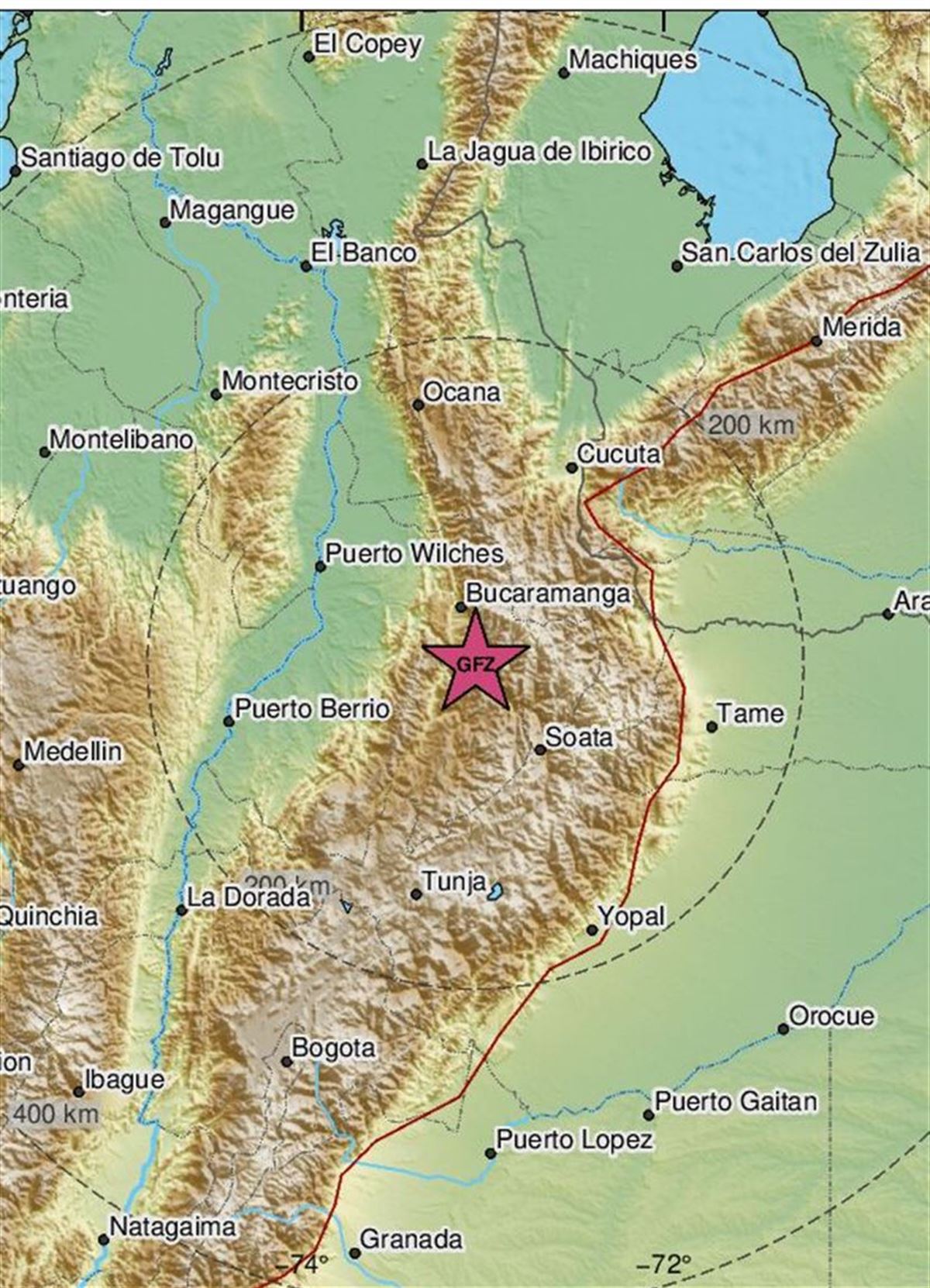 Epicentro del terremoto registrado en Colombia. Imagen: EMSC