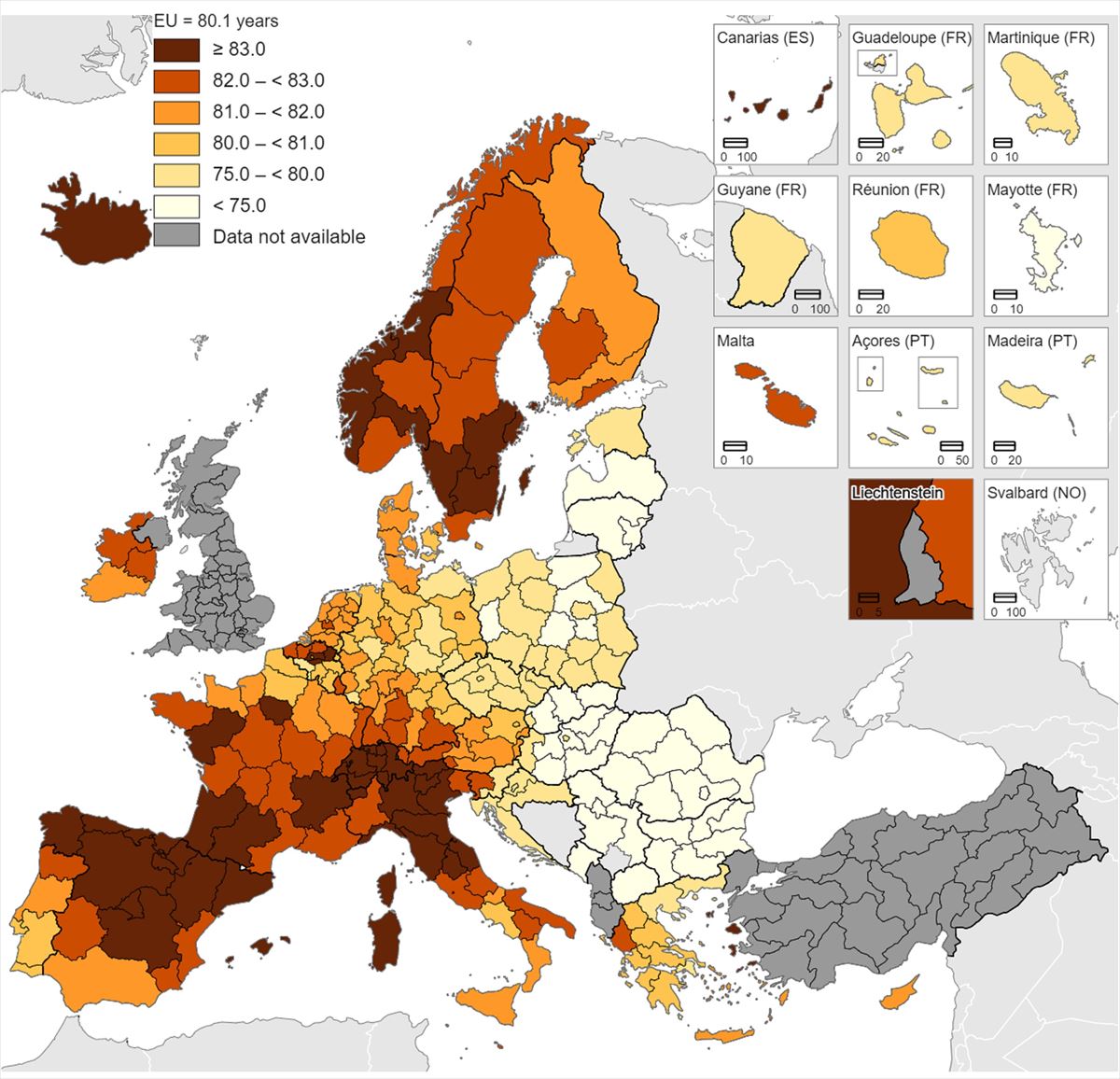 Mapa de la esperanza de vida en Europa. Foto: Eurostat