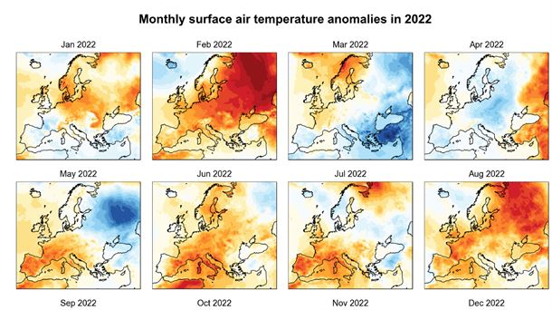 Anomalías de la temperatura media del aire en superficie para cada mes de 2022. Foto: Copernicus