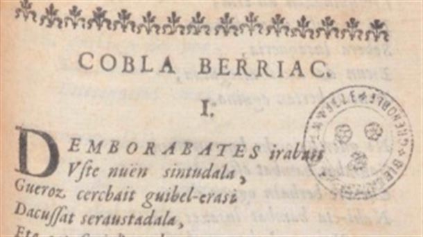 Primera página del ejemplar de "Kobla berriak" hallado en Grenoble