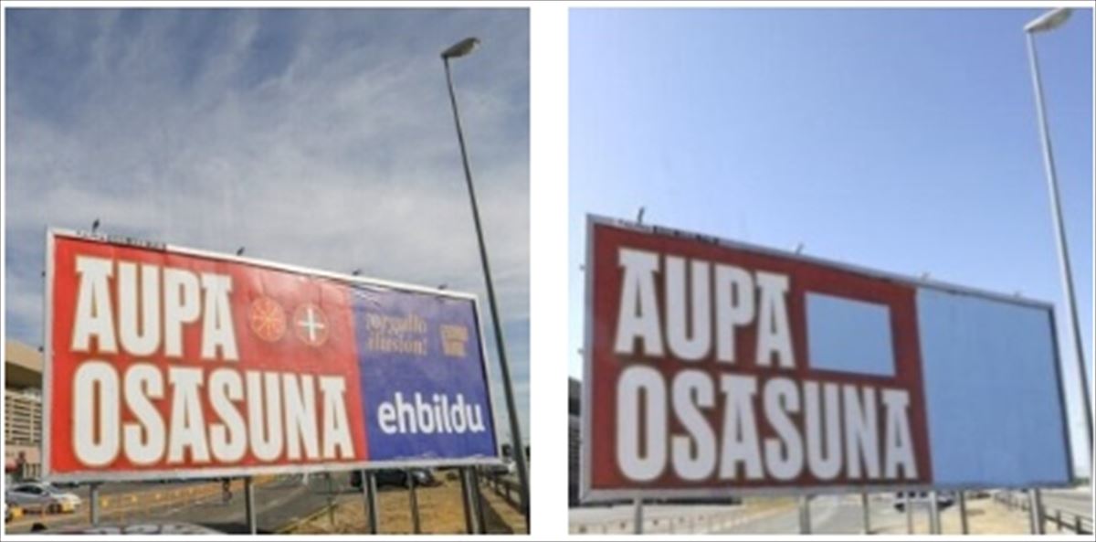 Uno de los carteles colocados por EH Bildu, antes y después. Foto: EITB Media