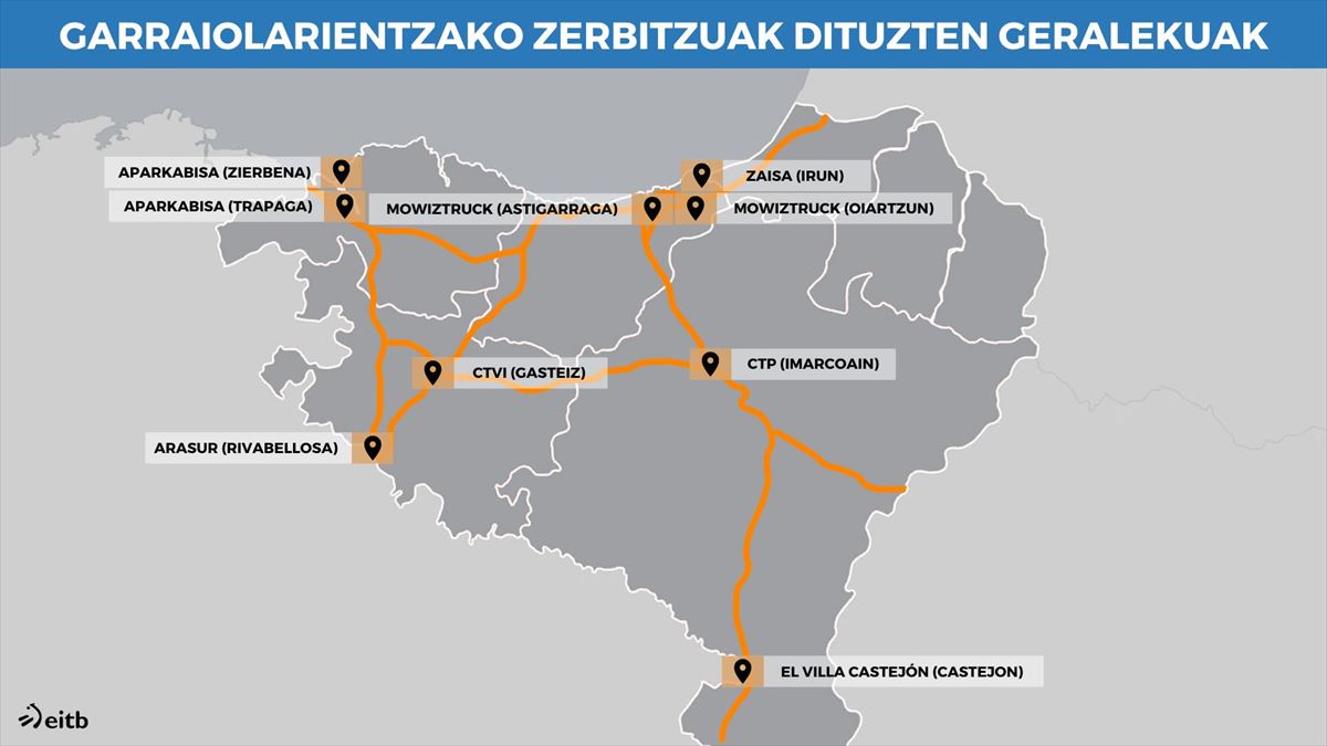 Kamioientzako zaintzapeko aparkalekuen mapa. Irudia: EITB Media.