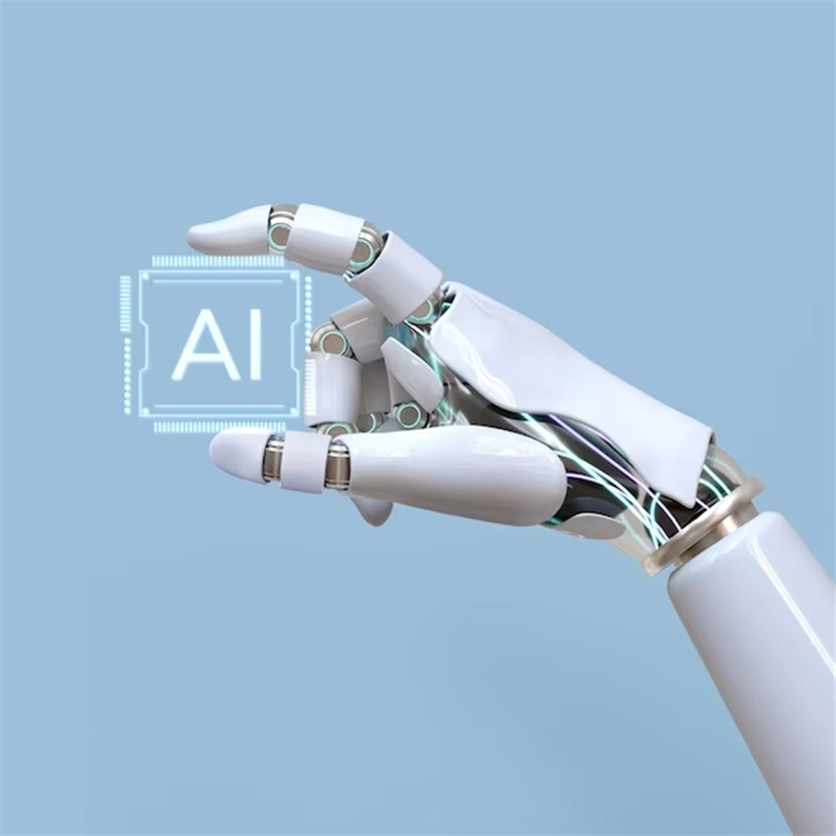 Una mano de un robot con una placa dónde se lee AI