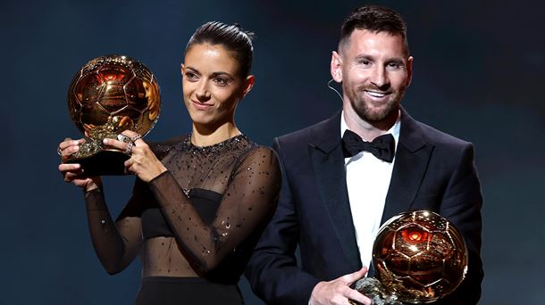 Aitana Bonmatí y Leo Messi, tras recibir el Balón de Oro 2023